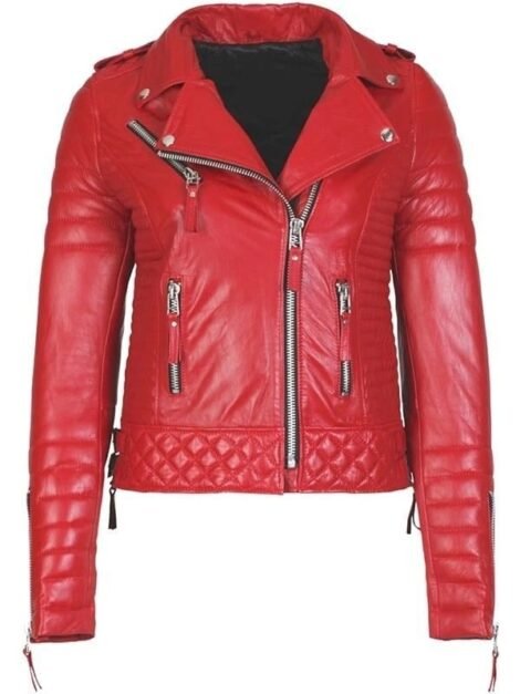 Womens Boda Style Quilted Leather Biker Jacket Red