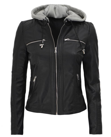 Lise Women's Black Leather Jacket With Hood